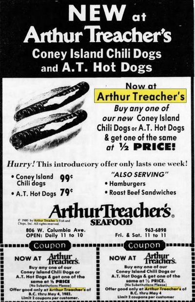 Arthur Treachers Fish & Chips - Apr 1982 Ad